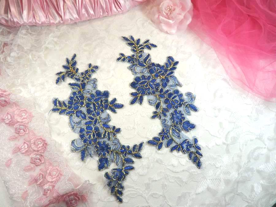 Embroidered Venice Lace Appliques Blue Gold Floral Venice Lace Mirror Pair 10 (DH109X)