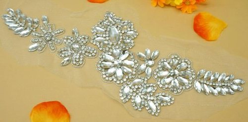 DH11 Crystal Rhinestone Applique Silver Beaded Floral On Mesh Backing 14"