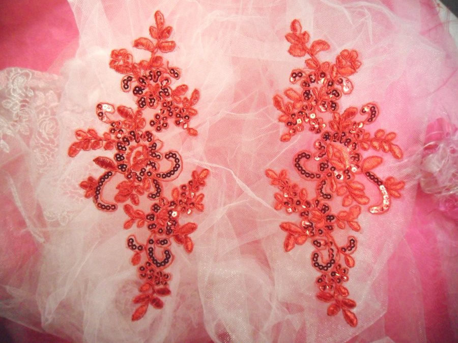 Embroidered Appliques Venice Lace Sequin Red Floral Mirror Pair 9.5 (BL134X)
