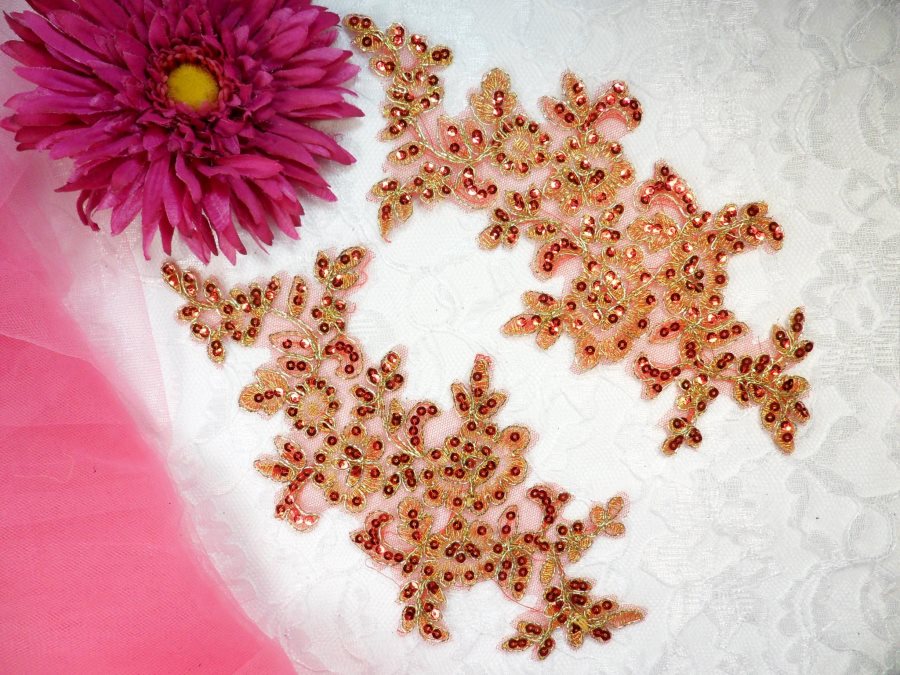 Sequined Venice Lace Appliques Red Gold Floral Bling Mirror Pair Motif Patch 10 (DH111X)
