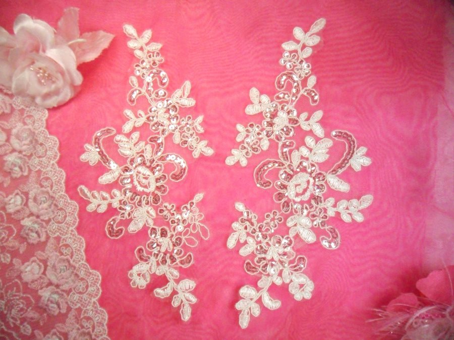 Embroidered Appliques Venice Lace Sequin White Floral Mirror Pair 9.5 (BL134X)