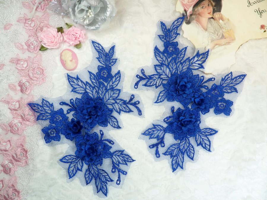 Beautiful NEW ARRIVAL 3D Embroidered Lace Appliques Blue Floral Venice Lace Mirror Pair 7.5 (DH114X)