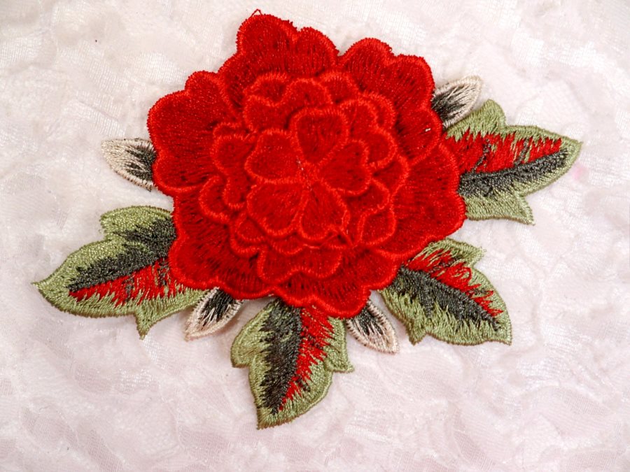 3D Embroidered Applique Red Single Floral Sewing Supply Clothing Patch  DH122