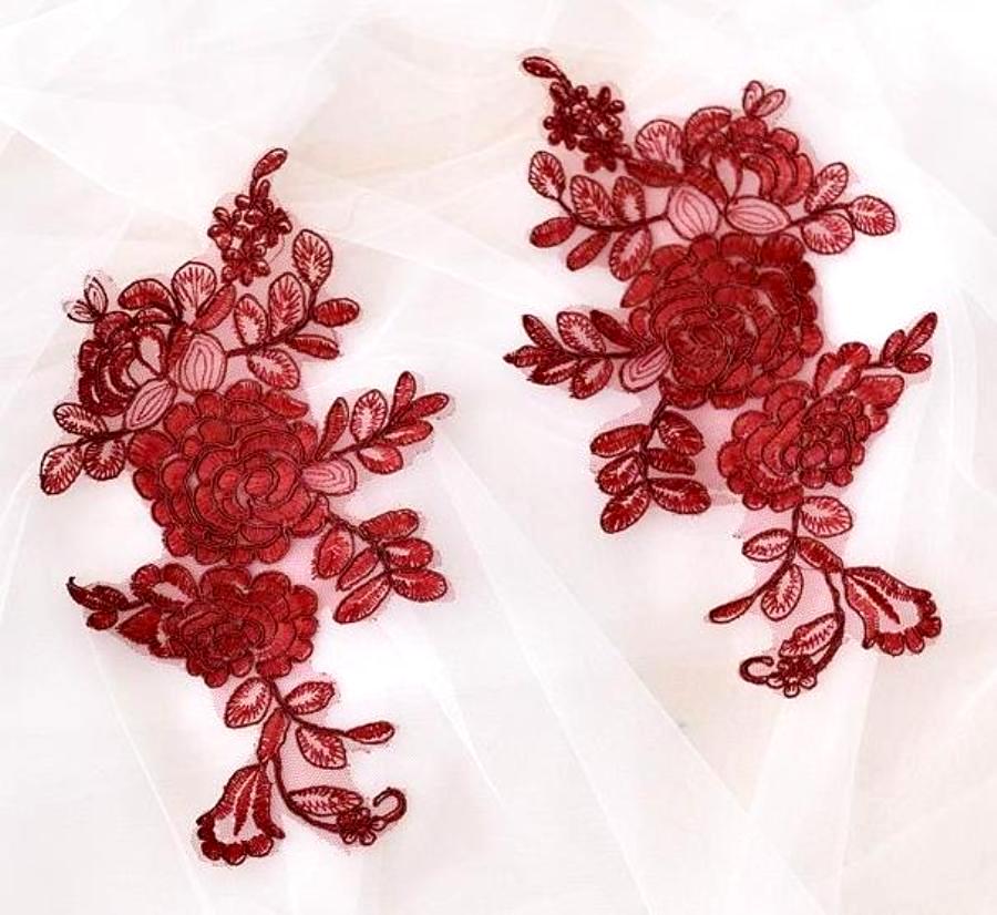 thumbnail image 2 of Red Embroidered Lace Appliques - Two Pairs For Wedding Dress & Craft Decorations 2 of 5