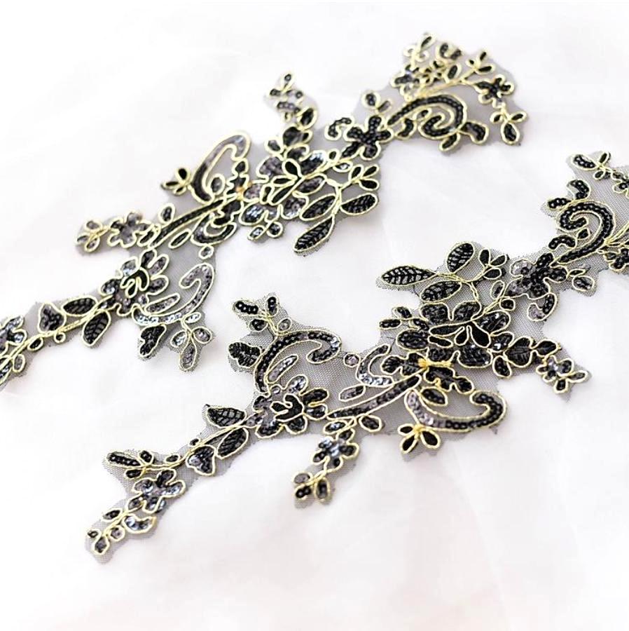 Designer Appliques Lace Embroidered Mirror Pair Black w/ Gold Costume Patch DH126X