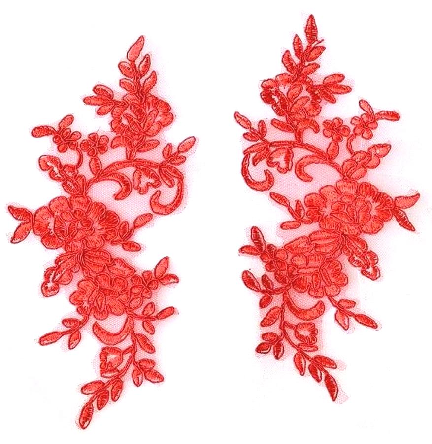 Rose Appliques Lace Embroidered Mirror Pair Red Dance Costume Motif DH127X