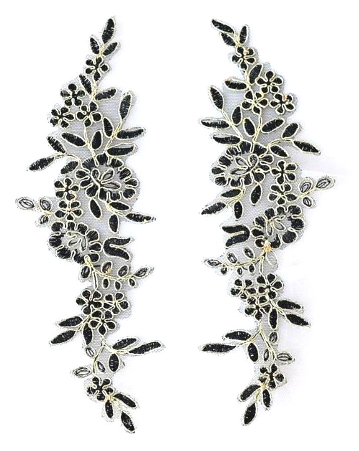 Designer Appliques Lace Embroidered Mirror Pair Black w/ Gold Costume Patch DH128X