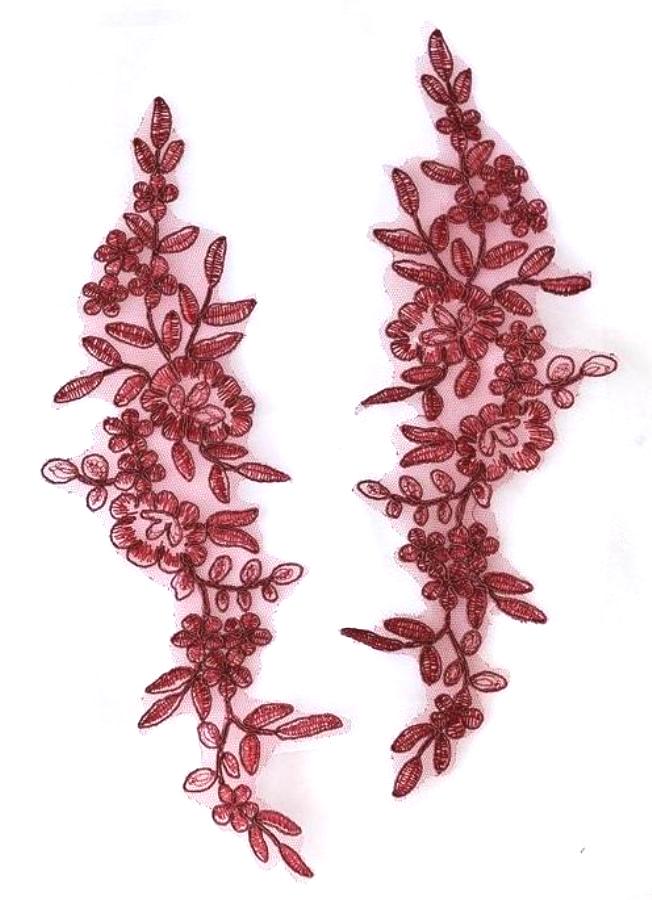 Designer Appliques Lace Embroidered Mirror Pair Burgundy Costume Patch DH128X