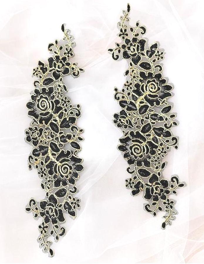 Rose Appliques Lace Embroidered Clusters Mirror Pair Black Gold 13 DH129X