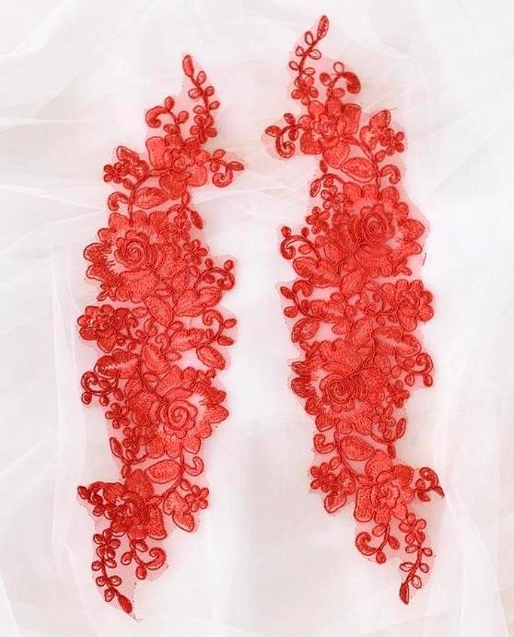 Rose Appliques Lace Embroidered Clusters Mirror Pair Red 13 DH129X