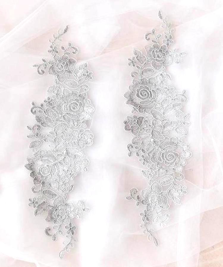 Rose Appliques Lace Embroidered Clusters Mirror Pair Lt. Silver 13 DH129X