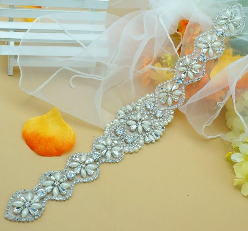 DH13 Bridal Sash Motif Silver Crystal Clear Glass Rhinestone Applique with Pearls 13