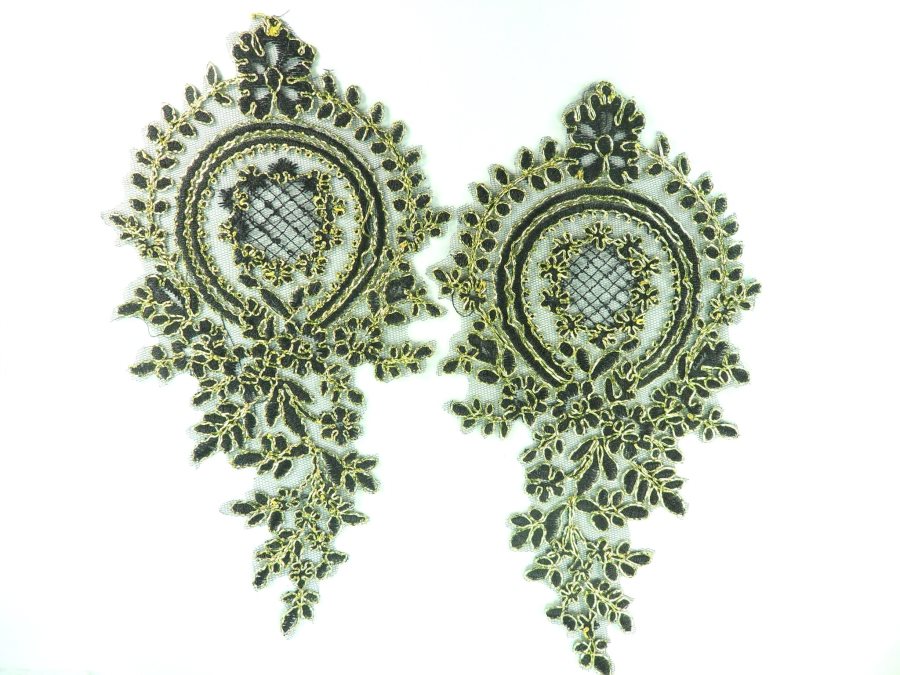 Designer Appliques Lace Embroidered Mirror Pair Black w/ Gold Costume Patch DH130X