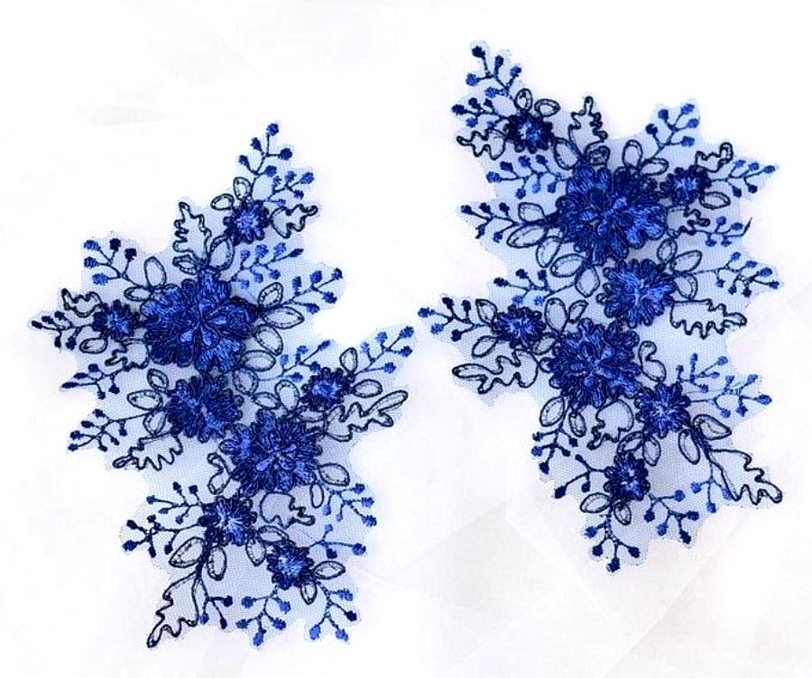 Floral Appliques Lace Embroidered Mirror Pair Royal Blue Clothing Patch DH133X