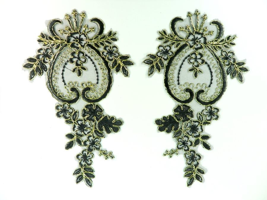 Designer Appliques Lace Embroidered Mirror Pair Black w/ Gold Costume Patch DH137X