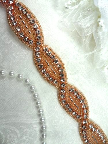 DH18 Rhinestone Trim Rose Gold Beaded Crystal Clear Stones Braided  .75\