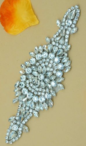 DH19 Glass Bridal Sash Beadless Clustered Rhinestone Applique 7\
