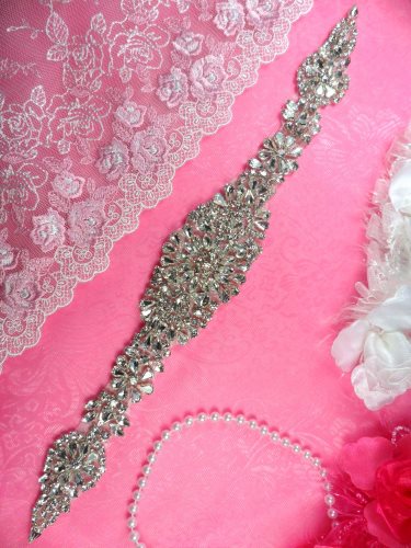 DH20 Crystal Rhinestone Applique Bridal Sash Motif Glass Beadless 14