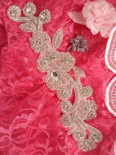 DH24 Crystal Rhinestone Collar Applique Silver Beaded Bridal Sash Patch Motif 12.5\