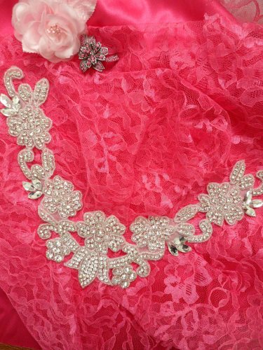 DH25 Crystal Rhinestone Neckline Collar Applique Silver Beaded Bridal Sash Patch Motif 10