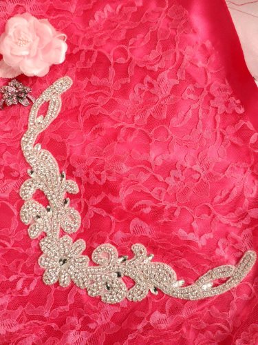 DH28 Crystal Rhinestone Neckline Collar Applique Silver Beaded Bridal Sash Patch Motif 10