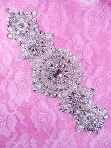 DH33 Pearl Applique Crystal Clear Rhinestone Silver Beaded Patch 7.25\