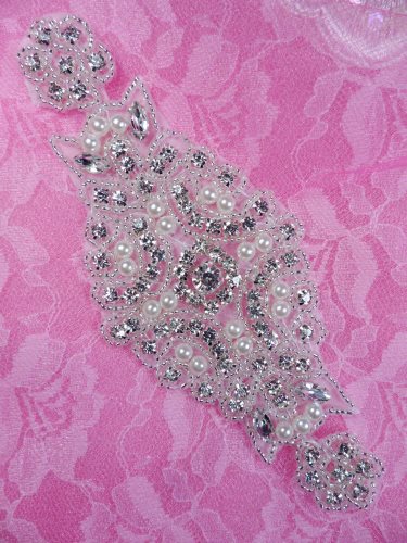 DH40 Pearl Applique Crystal Clear Silver Beaded Rhinestone Patch 6\