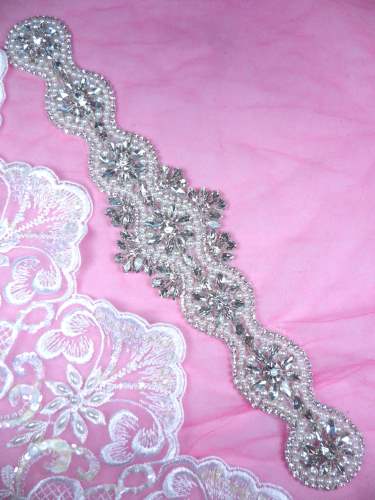 DH42 Pearl Applique Crystal Clear Rhinestone Patch 12.5\
