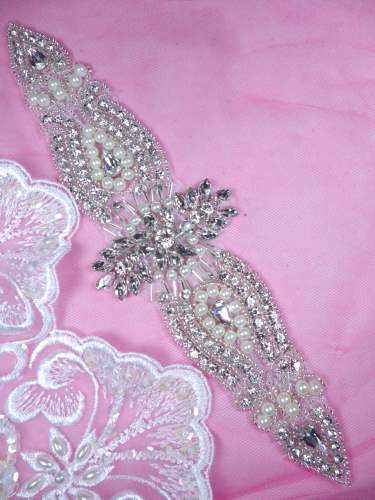 DH45 Pearl Applique Crystal Clear Rhinestone Patch 9.5\