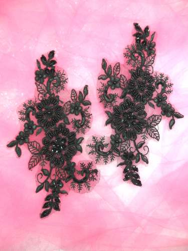 DH50 Black Floral Venise Lace Mirror Pair Sequin Appliques Beaded 7