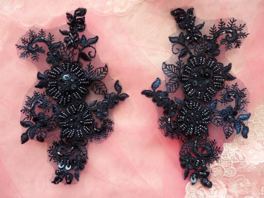 Embroidered Lace Applique Mirror Pair Floral design accented w/ Sequins and Beads Navy Blue Color 7 (DH50)