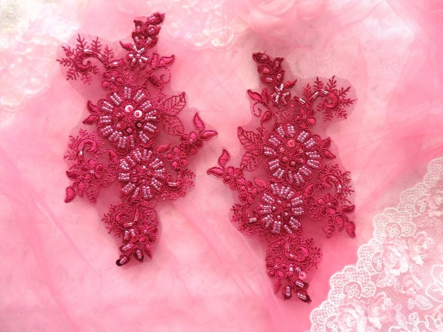 Embroidered Lace Applique Mirror Pair Floral design accented w/ Sequins and Beads Burgundy Wine Color 7 (DH50)