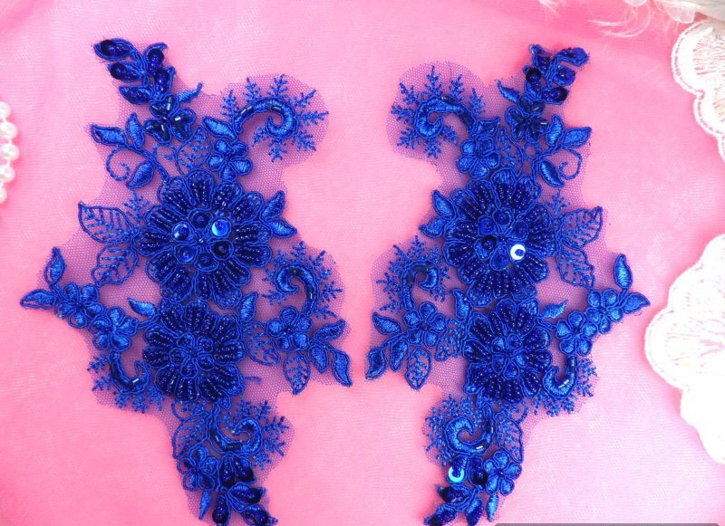 Appliques Floral Venise Lace Blue Mirror Pair Sequin Beaded 7 (DH50X-bl)
