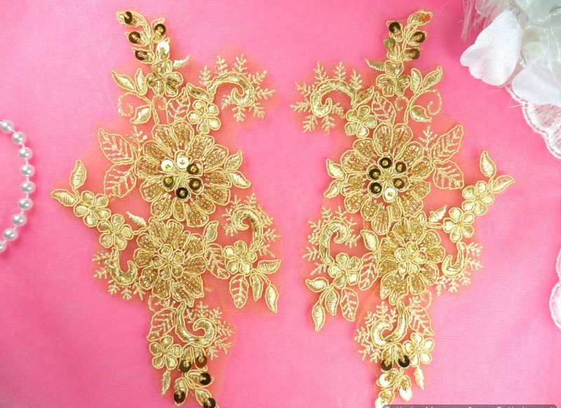 Appliques Floral Venise Lace Gold Mirror Pair Sequin Beaded 7 (DH50X-gl)