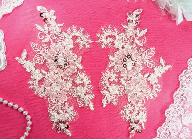 Embroidered Lace Applique Mirror Pair Floral design accented w/ Sequins and Beads Pink Color 7 (DH50)