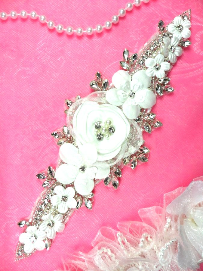 DH53 Floral 3D Applique White Satin Flower Crystal Glass Rhinestone Silver Beaded Pearl Bridal Patch 9\
