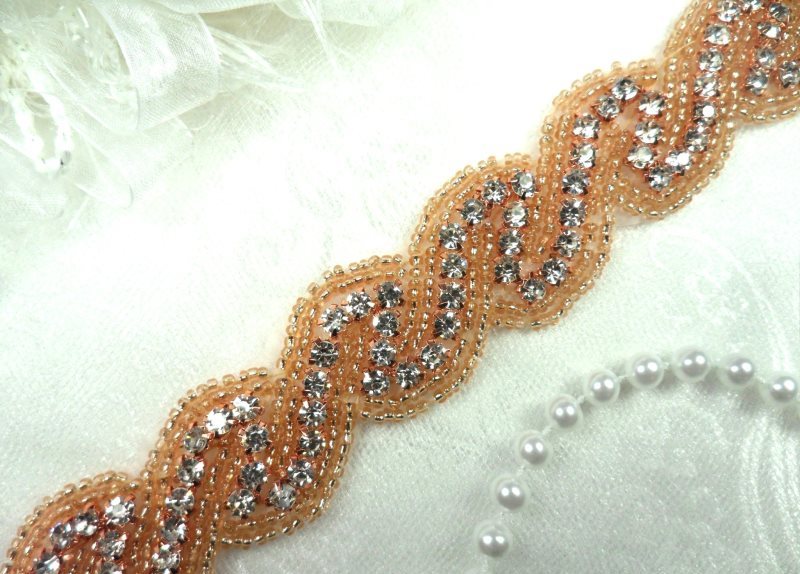 Rose Gold Trim Crystal Glass Rhinestone Gold Beaded Bridal 1\ (DH56-rsglcr)