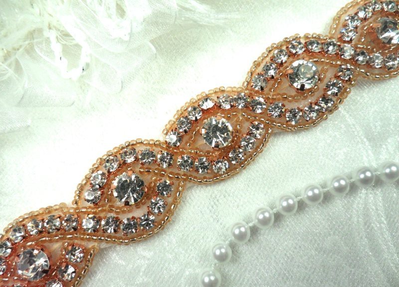 Iron On Trim Rose Gold Beaded Glass Crystal Rhinestone Bridal Sash Banding 1\ (DH58-rsglcr)