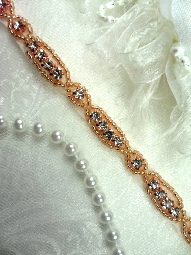 DH63 Rhinestone Trim Rose Gold Beaded Crystal Clear Stones Petite Thin .25