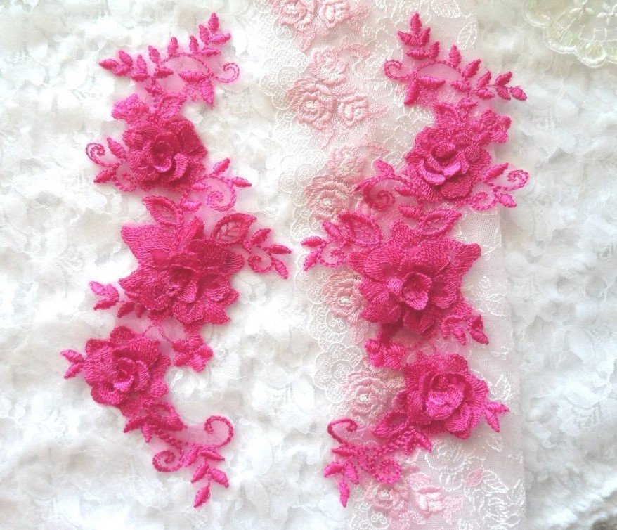 3D Lace Appliques Fuchsia Floral Embroidered Mirror Pair