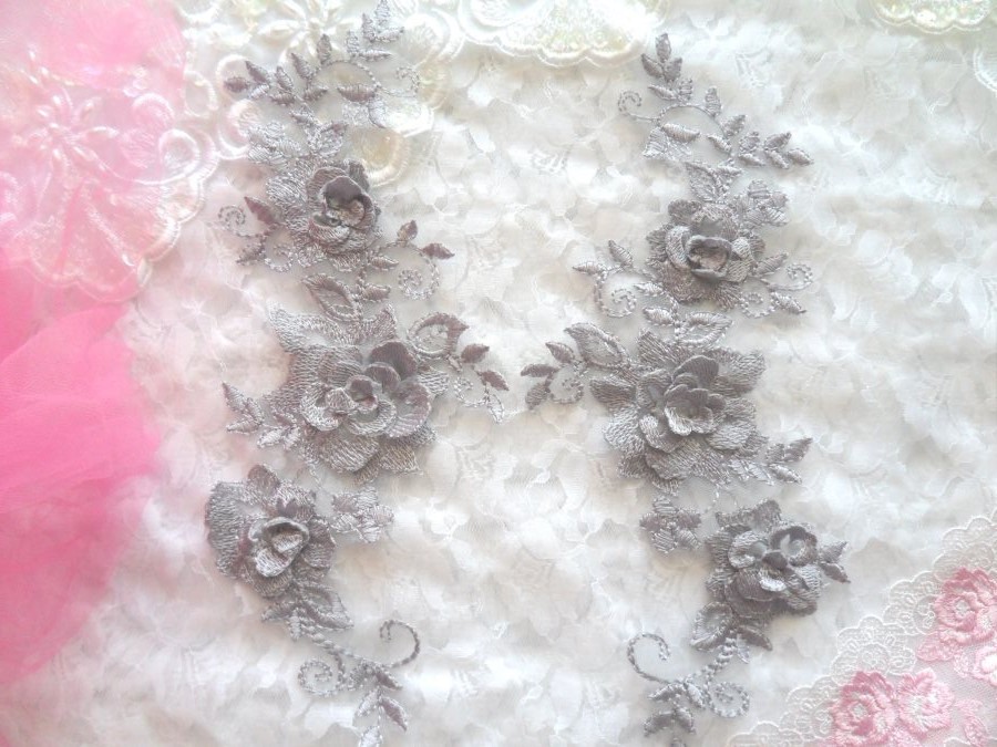 3D Lace Appliques Pewter Silver Floral Embroidered Mirror Pair 10.5 (DH65X)