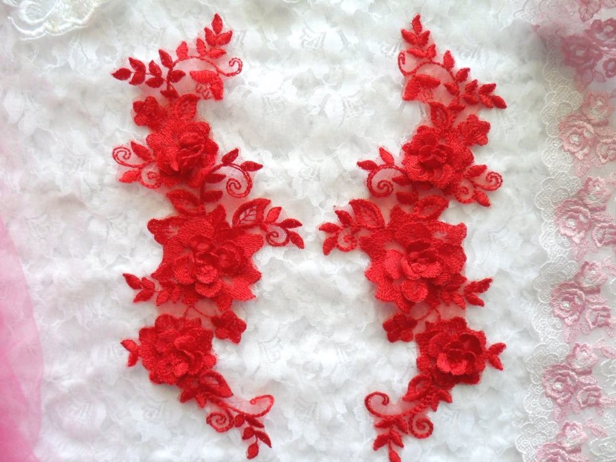 3D Lace Appliques Red Floral Embroidered Mirror Pair