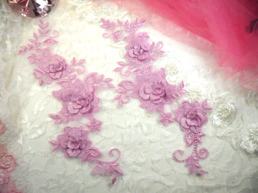 3D Lace Appliques Lavender Floral Embroidered Mirror Pair Dance Costume Motifs 10.5 (DH65X)