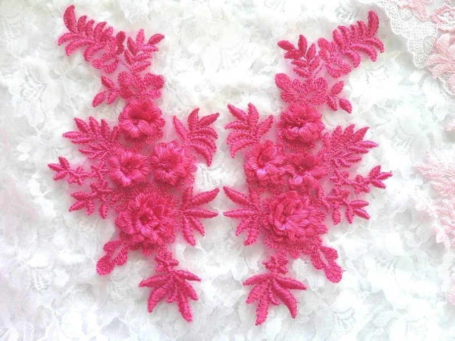 3D Embroidered Lace Appliques Fuchsia Floral Venice Lace Mirror Pair 8.25 Beautiful (DH68X)