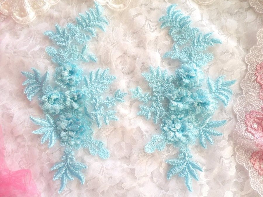 3D Embroidered Appliques Light Blue Floral Venice Lace Mirror Pair 8.25 (DH68X)