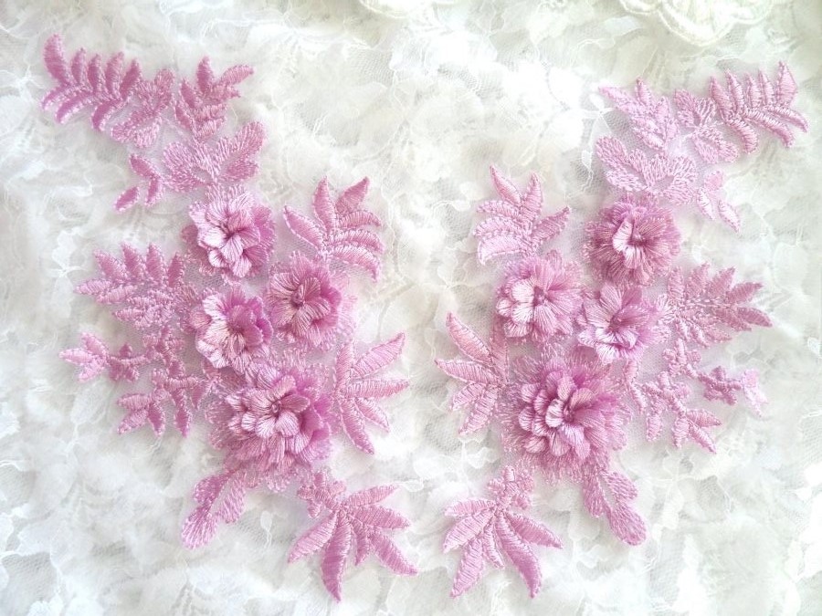 3D Embroidered Appliques Lavender Floral Venice Lace Mirror Pair 8.25 (DH68X)