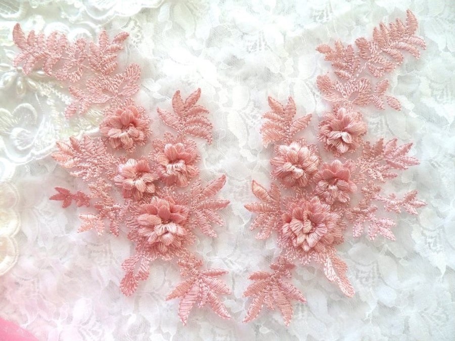 3D Embroidered Lace Appliques Mauve Floral Venice Lace Mirror Pair 8.25 Beautiful (DH68X)