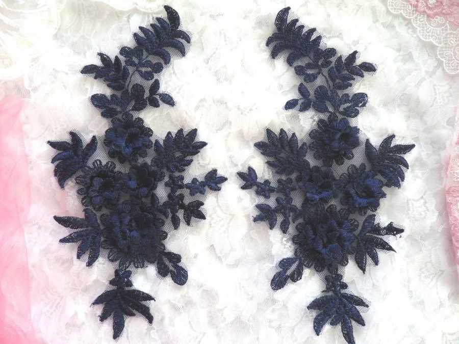 3D Embroidered Lace Appliques Navy Blue Floral Venice Lace Mirror Pair 8.25 Beautiful (DH68X)