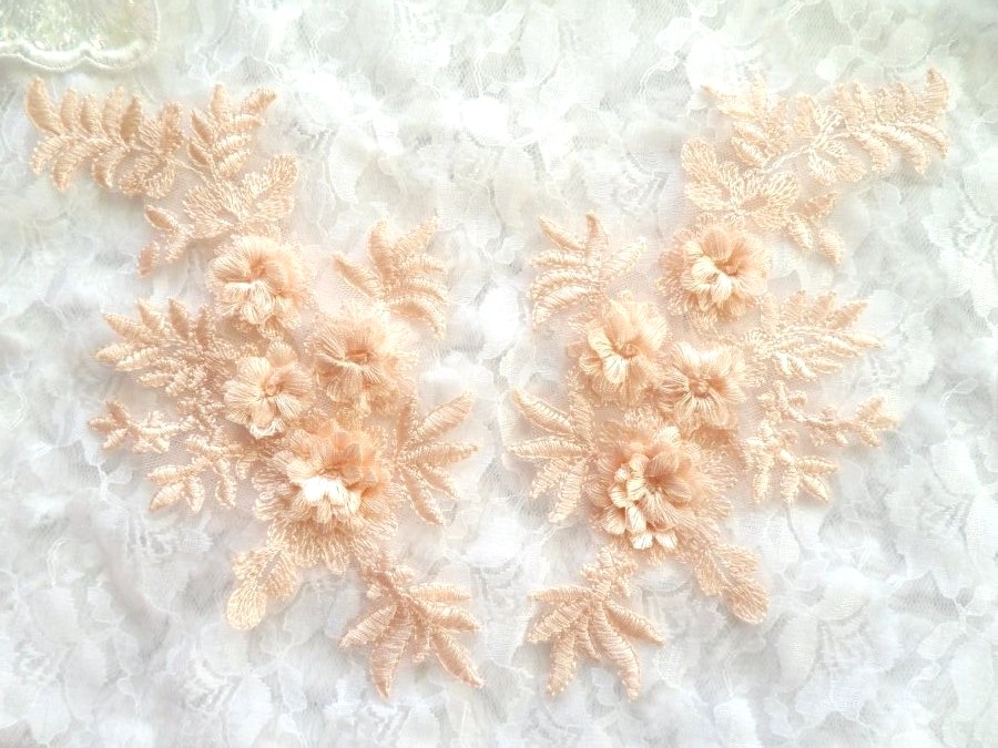 3D Embroidered Lace Appliques Peach Floral Venice Lace Mirror Pair 8.25 Beautiful (DH68X)