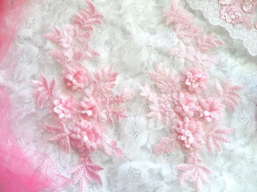 3D Embroidered Lace Appliques Pink Floral Venice Lace Mirror Pair 8.25 Beautiful (DH68X)